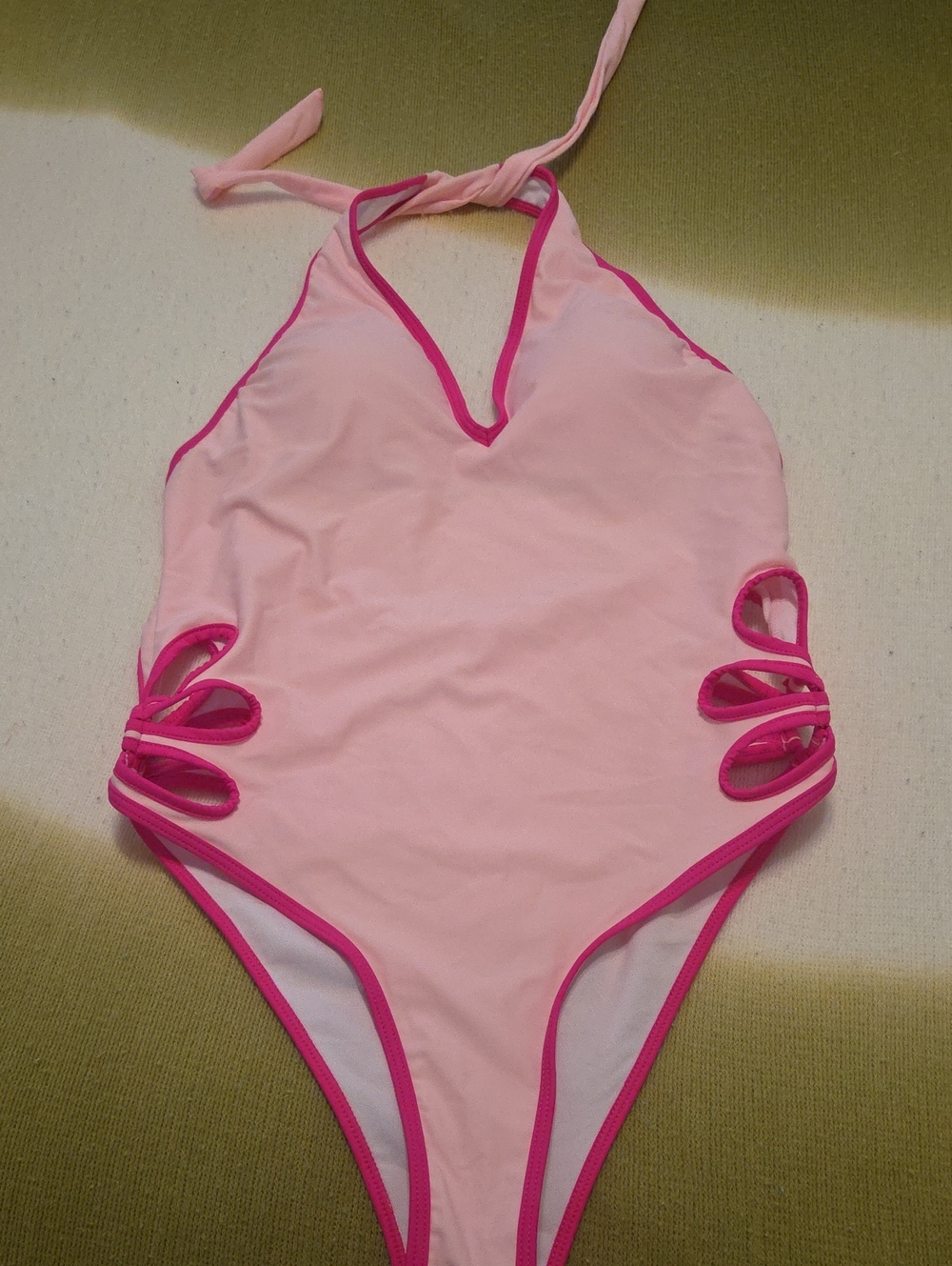 Pink One-Piece Halter Swimsuit with Hot Pink Trim
